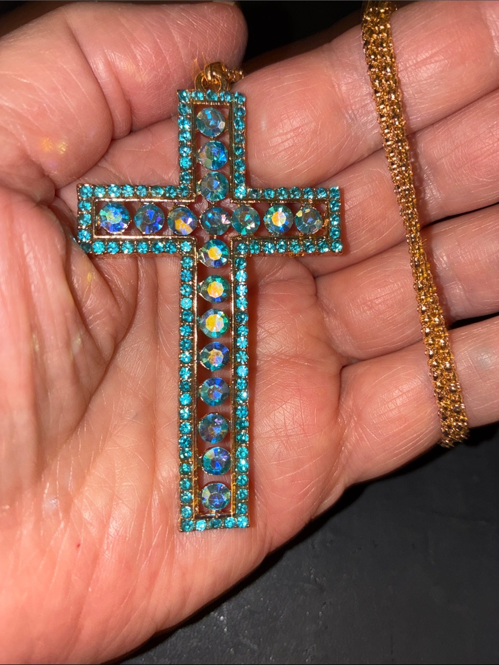 Aqua Crystal Cross Pendant Necklace with Gold Chain
